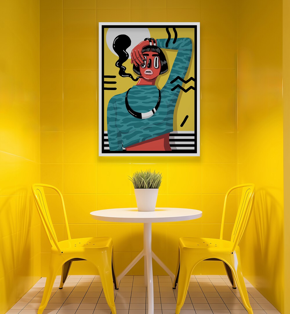 Madame X Framed Art II in White Plain Frame Placed on a Bright Yellow Wall in a Cafe