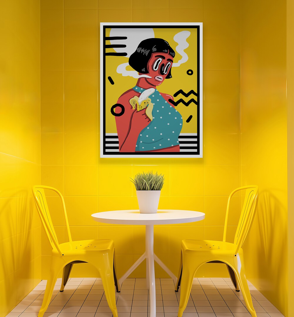 Madame X Framed Art III in White Plain Frame Placed on a Bright Yellow Wall in a Cafe