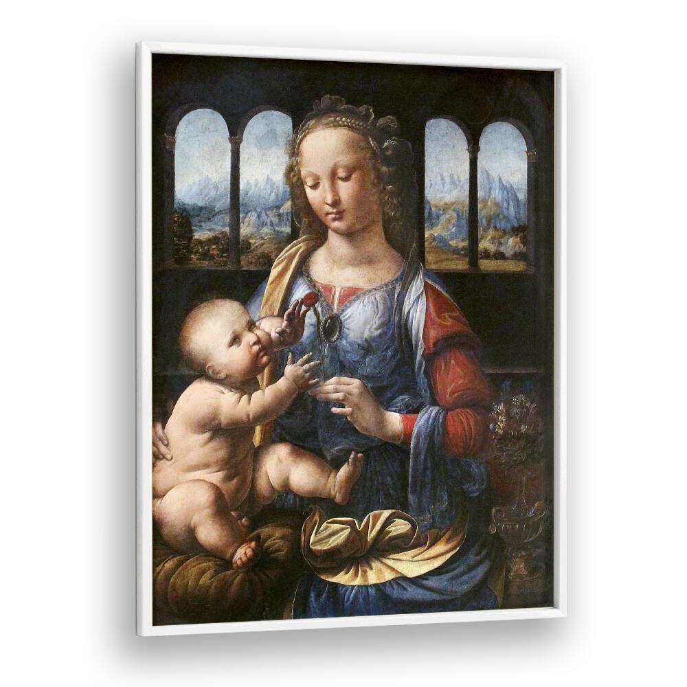 Madonna Of The Carnation (1470s) Leonardo Da Vinci art painting Artwork in White Plain Frame