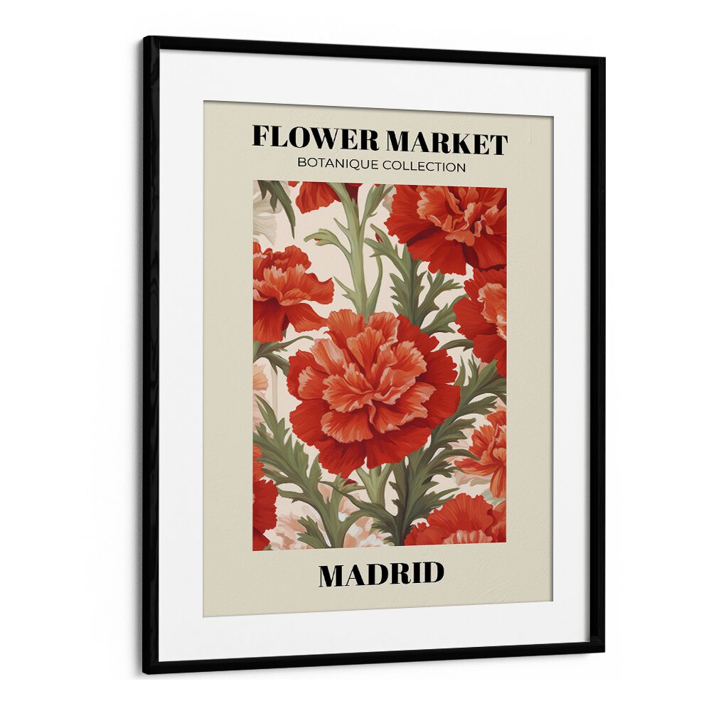 Madrid Flower Marketo   Botanical Flower Paintings Artwork  in Black Frame With Mount