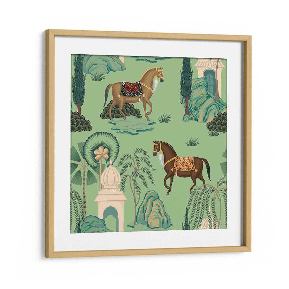 Maharaja's Pride - Royal Horses In Motion Indian art painting Artwork in Oak Wood Frame With Mount