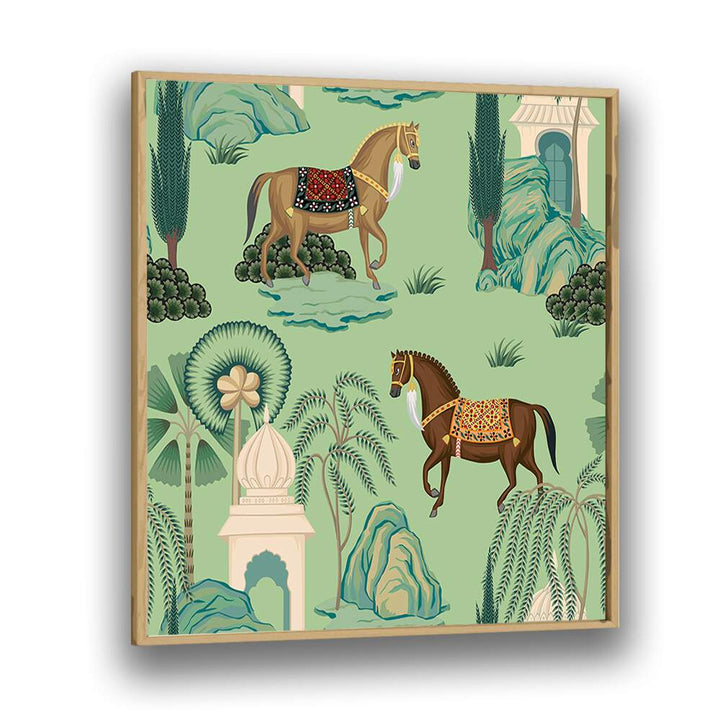 Maharaja's Pride - Royal Horses In Motion Indian art painting Artwork in Oak Wood Plain Frame