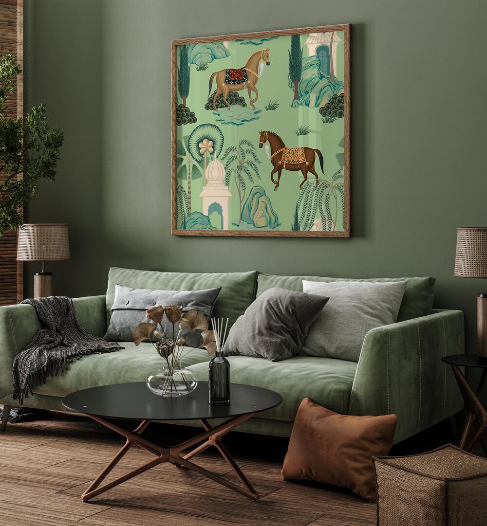 Maharaja's Pride - Royal Horses Indian Art Painting Artwork in Oak Wood Plain Frame placed on a Green Colored Wall Behind a Green sofa in The Living Room