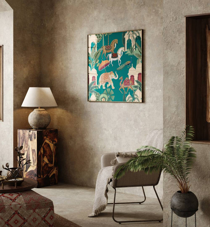 Maharaja's Pride - Royal Horses Indian Art Painting Artwork in Oak Wood Plain Frame placed on a dessert Brown Wall in the Living Room