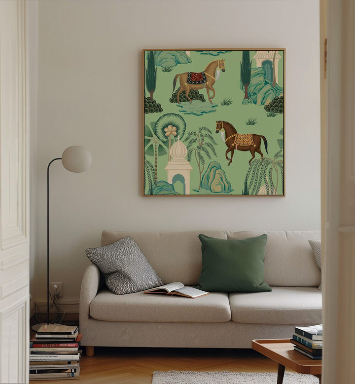 Maharaja's Pride - Royal Horses Indian Art Painting Artwork in Oak Wood Floater Frame placed on a Cream Colored Wall behind a Beige Sofa in the Living Room