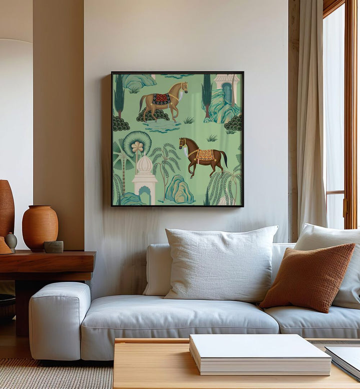 Maharaja's Pride - Royal Horses Indian Art Painting Artwork in Black Plain Frame placed on a White Wall Behind A White Sofa In the Living Room