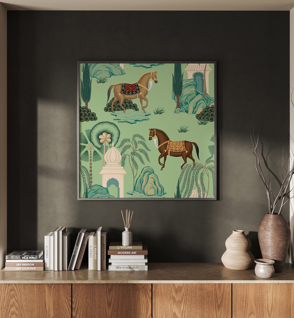 Maharaja's Pride - Royal Horses Indian Art Painting Artwork in Black Plain Frame Placed Ona Dark Grey Wall Above A Wooden Console Table 