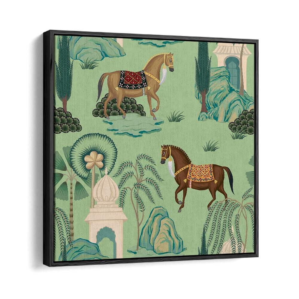 Maharaja's Pride - Royal Horses Indian Art Painting Artwork in Black Floater Frame