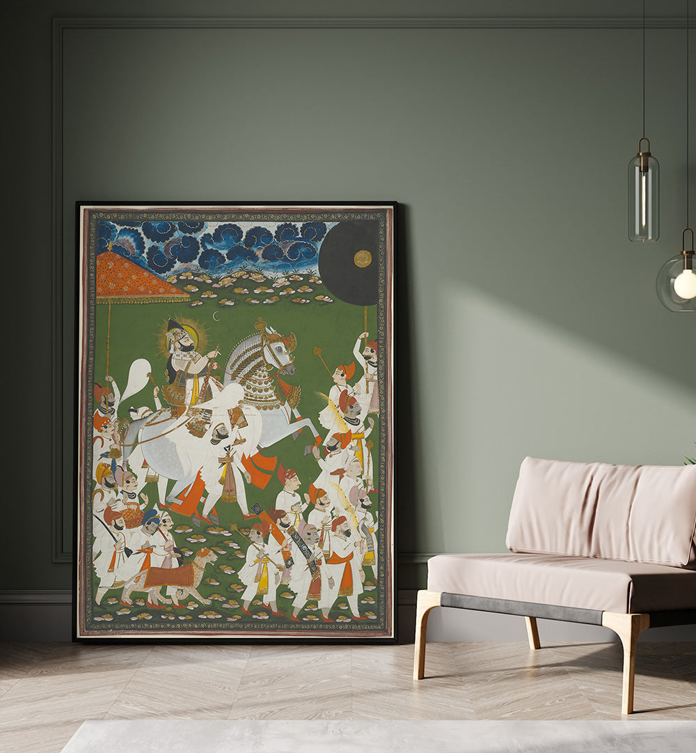 MAHARANA BHIM SINGH IN PROCESSION BY GHASI , INDIAN ART PAINTINGS