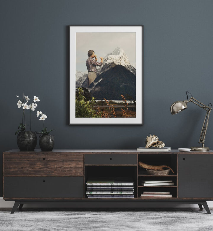 Majestic Sculpture Snow Mountain Surreal Art Painting Artwork in black oakwood frame above a console table on a blue wall