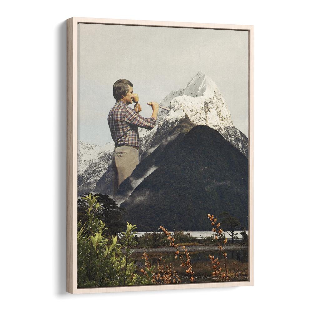 Majestic Sculpture Snow Mountain Surreal Art Artwork in Oak Wood Floater Frame
