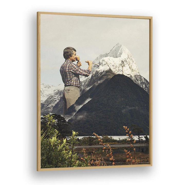 Majestic Sculpture Snow Mountain Surreal Art Artwork in Oak Wood Plain Frame
