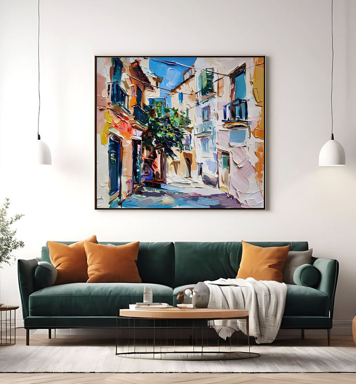 Stylish MALLORCA STREET artwork brightens the living room, blending elegance with vibrant colors and practical design.