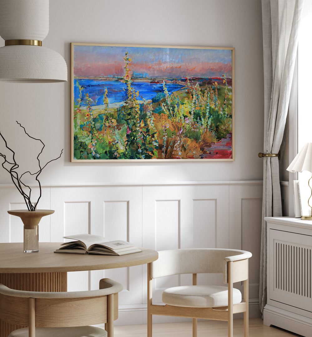 Bright landscape painting featuring coastal scenery, inspired by MALLOWS BY THE SEA, LANDSCAPE PAINTINGS collection.