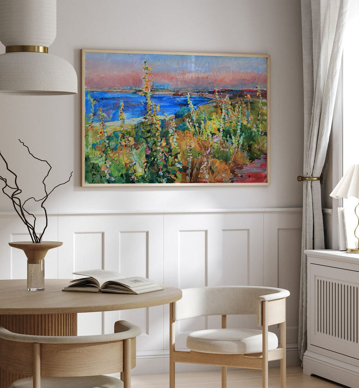 Bright landscape painting featuring coastal scenery, inspired by MALLOWS BY THE SEA, LANDSCAPE PAINTINGS collection.