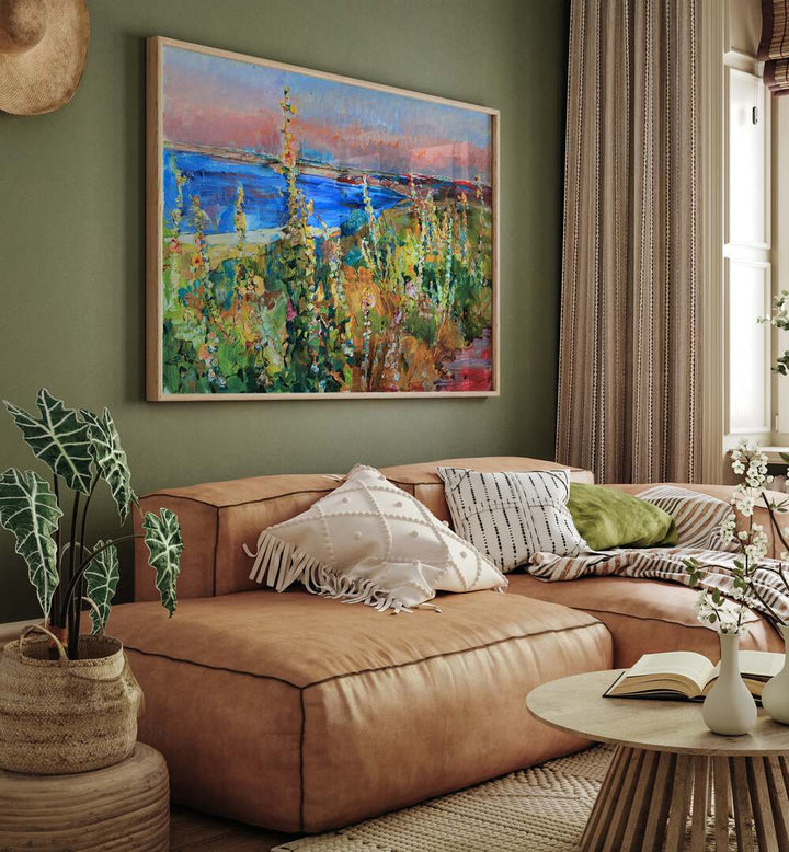 Vibrant MALLOWS BY THE SEA, LANDSCAPE PAINTINGS enhance a cozy living space with beachside charm and nostalgia.