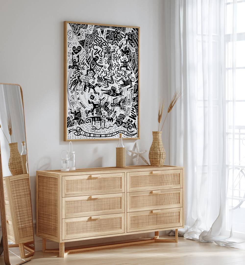 Mamba Comic Art Artwork in Oak Wood Plain Frame Placed on a White Wall above a Wooden Console Table 