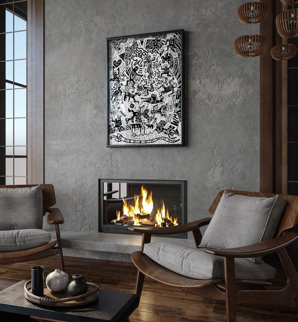 Mamba Comic Art Artwork in Black Plain Frame Placed on a Stone Textured grey Wall above a Fire Place in the Living Room