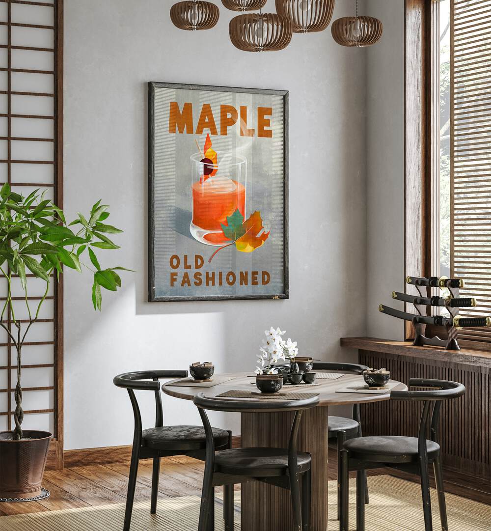 Stylish MAPLE OLD FASHIONED, BAR art decorates a modern café, perfect for cocktail lovers’ spaces.