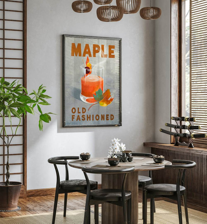 Stylish MAPLE OLD FASHIONED, BAR art decorates a modern café, perfect for cocktail lovers’ spaces.
