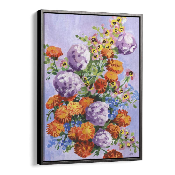 Marigold And Hydrangea By Ania Zwara Botanical Flower Paintings Artwork  in Black Floater Frame