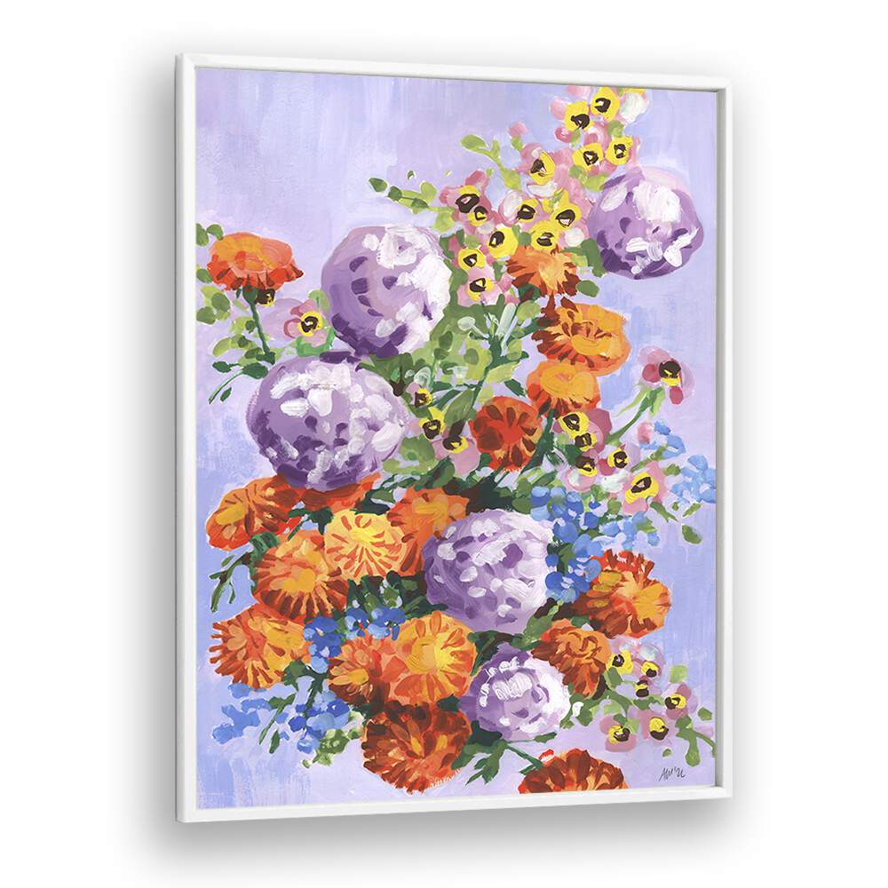 Marigold And Hydrangea By Ania Zwara Botanical Flower Paintings painting Artwork  in White Plain Frame