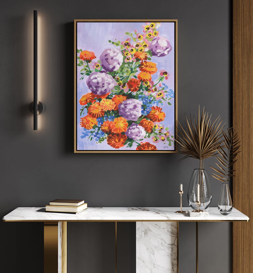 Marigold And Hydrangea By Ania Zwara Botanical Flower Paintings Artwork Placed on a wall