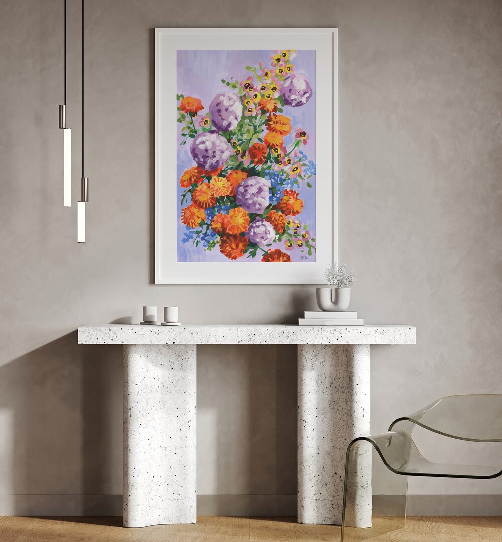 Marigold And Hydrangea By Ania Zwara Botanical Flower Paintings Artwork Placed on a wall