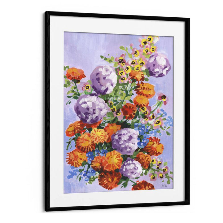 Marigold And Hydrangea By Ania Zwara Botanical Flower Paintings Artwork  in Black Frame With Mount