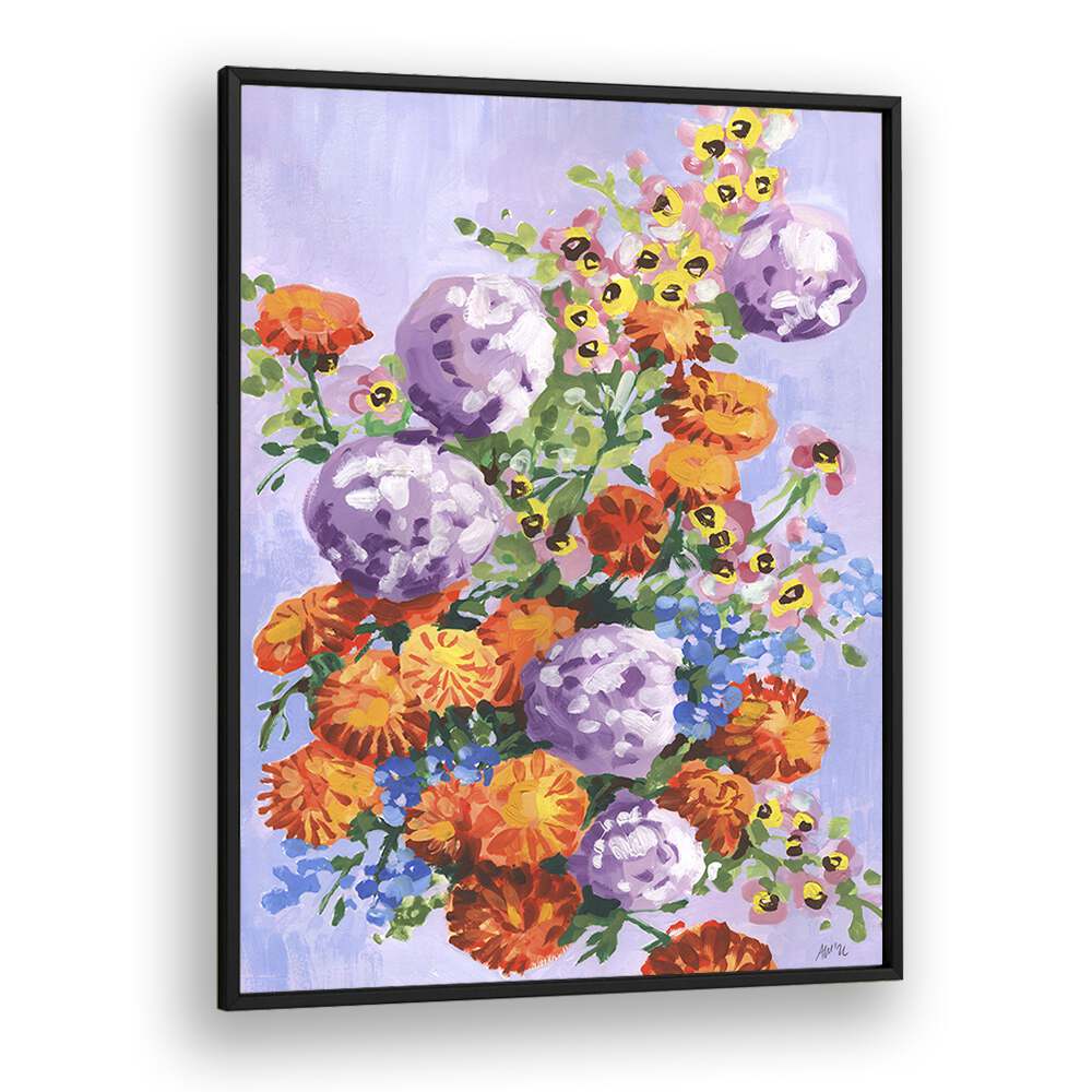 Marigold And Hydrangea By Ania Zwara Botanical Flower Paintings Artwork  in Black Plain Frame