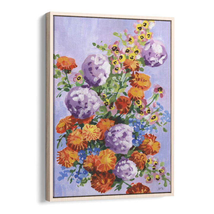 Marigold And Hydrangea By Ania Zwara Botanical Flower Paintings Artwork in Oak Wood Floater Frame