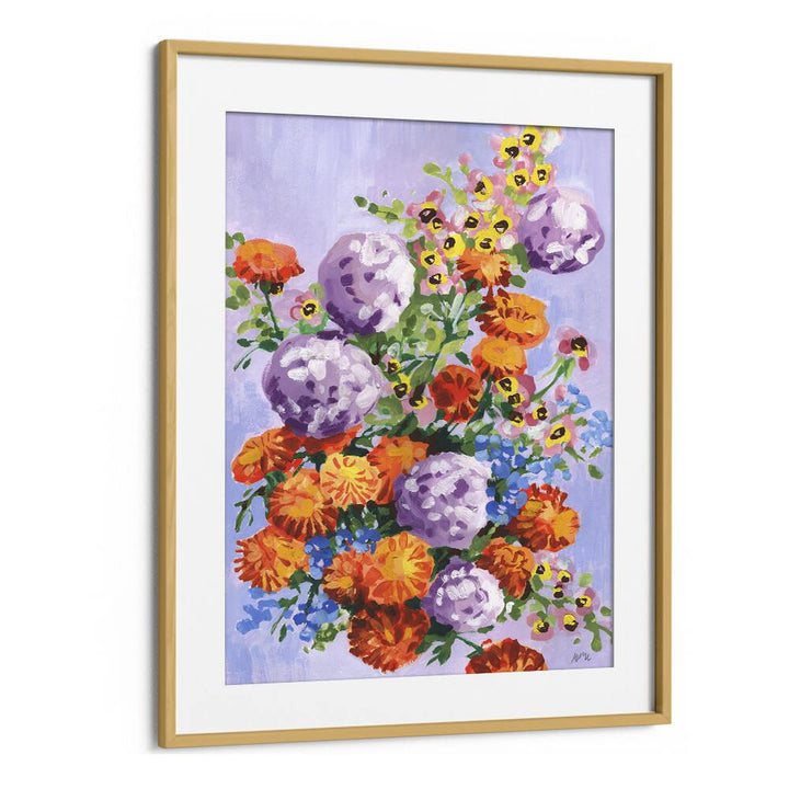 Marigold And Hydrangea By Ania Zwara Botanical Flower Paintings Artwork in Oak Wood Frame With Mount