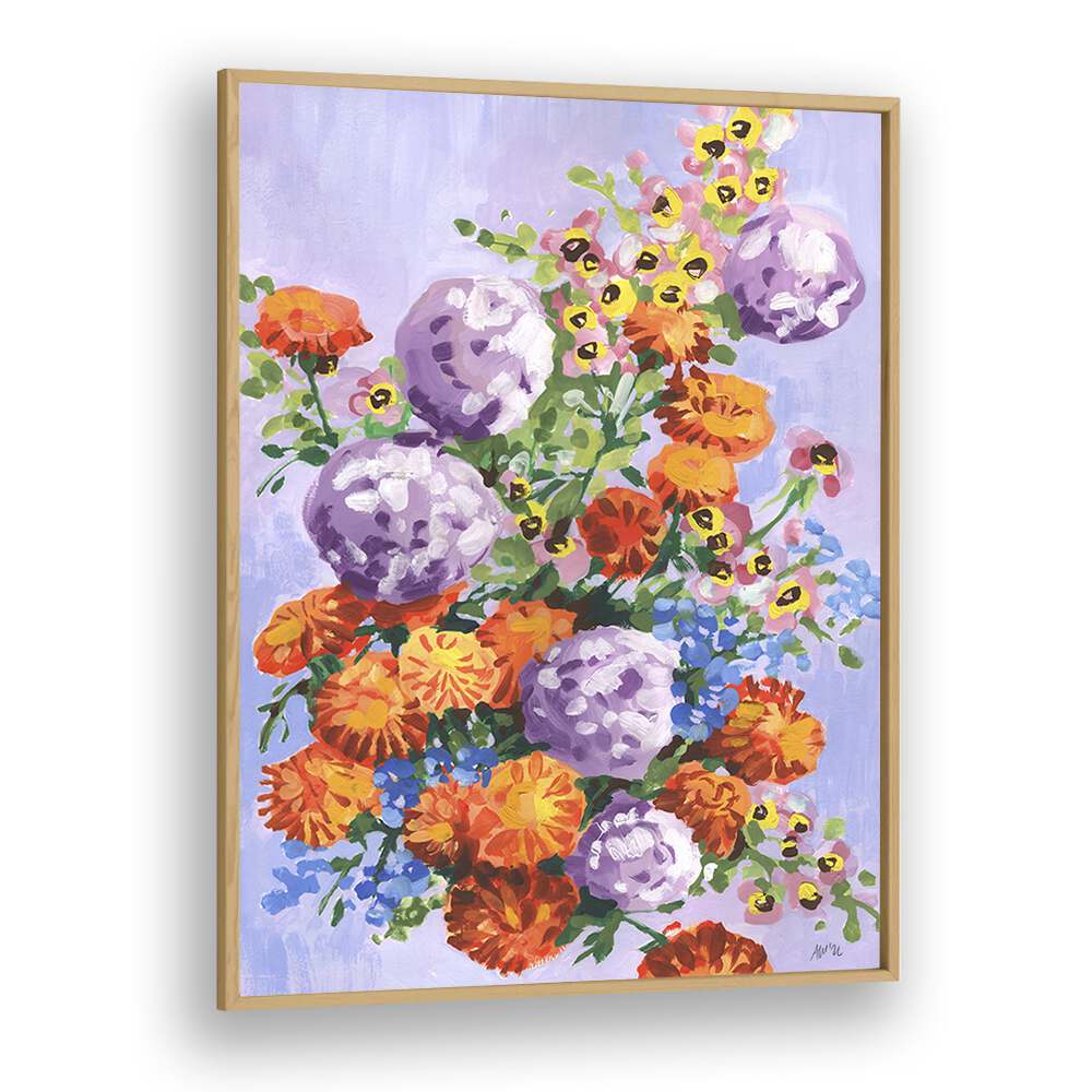 Marigold And Hydrangea By Ania Zwara Botanical Flower Paintings Artwork in Oak Wood Plain Frame