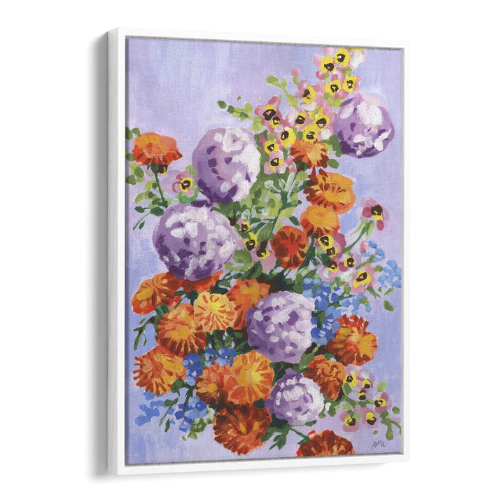 Marigold And Hydrangea By Ania Zwara Botanical Flower Paintings Artwork  in White Floater Frame