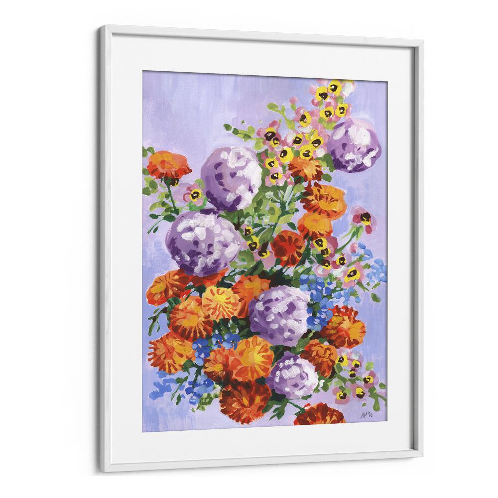 Marigold And Hydrangea By Ania Zwara Botanical Flower Paintings Artwork  in White frame With Mount