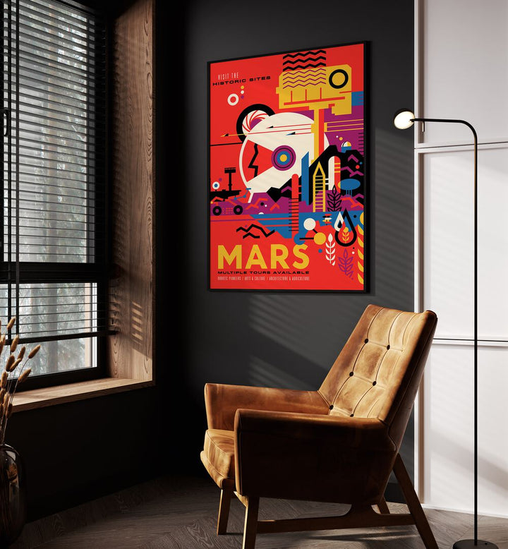 Mars Astronaut & Nasa Paintings, Space Art Prints Artwork in Black Plain Frame placed on a Dark Grey Colored Wall in the Drawing Room

