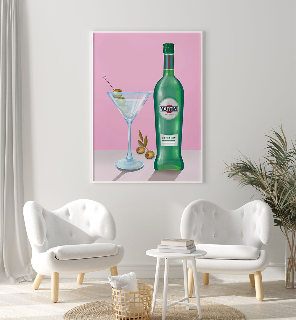 MARTINI COCKTAIL , BAR art print featuring a Martini bottle and cocktail glass in a contemporary cafe