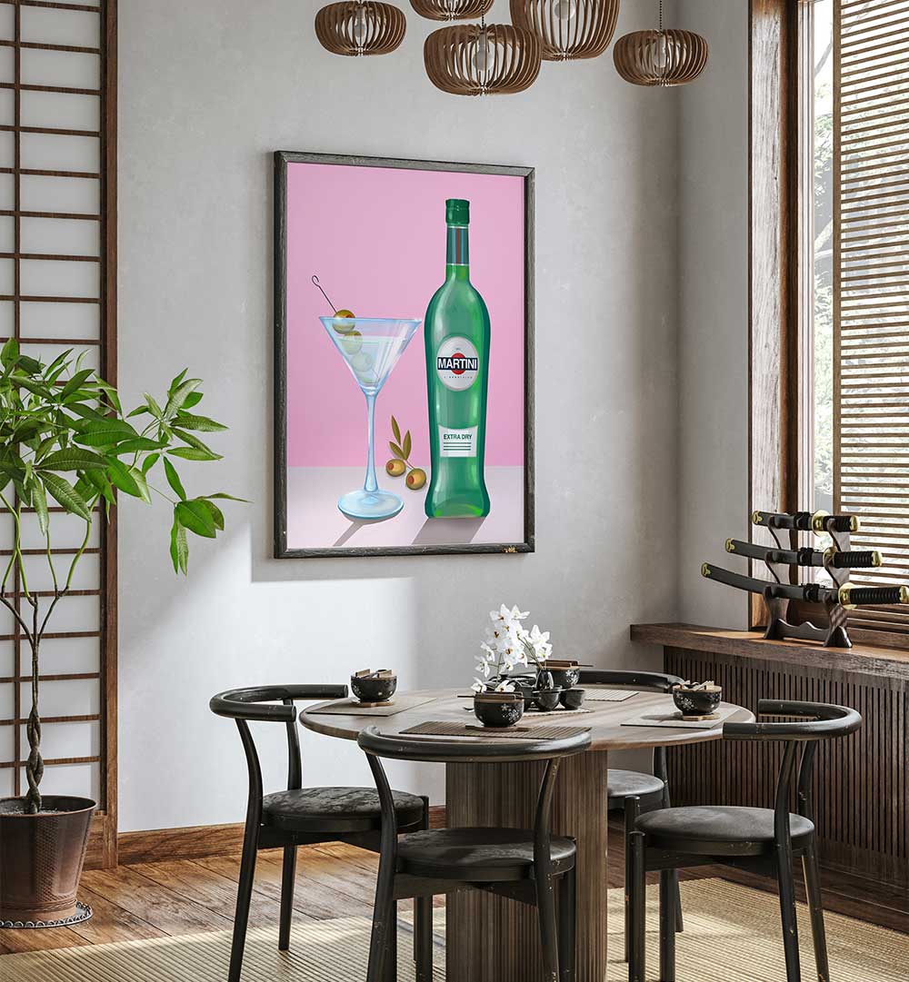MARTINI COCKTAIL , BAR framed art with bottle & martini for MARTINI COCKTAIL , BAR & CAFE ART decor