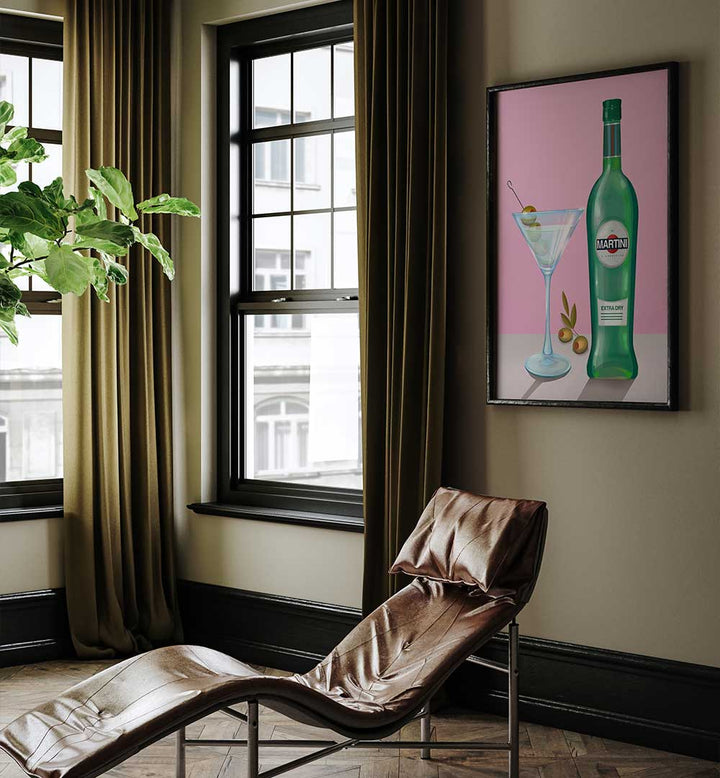 MARTINI COCKTAIL , BAR framed art in stylish cafe seating area with lounge chair
