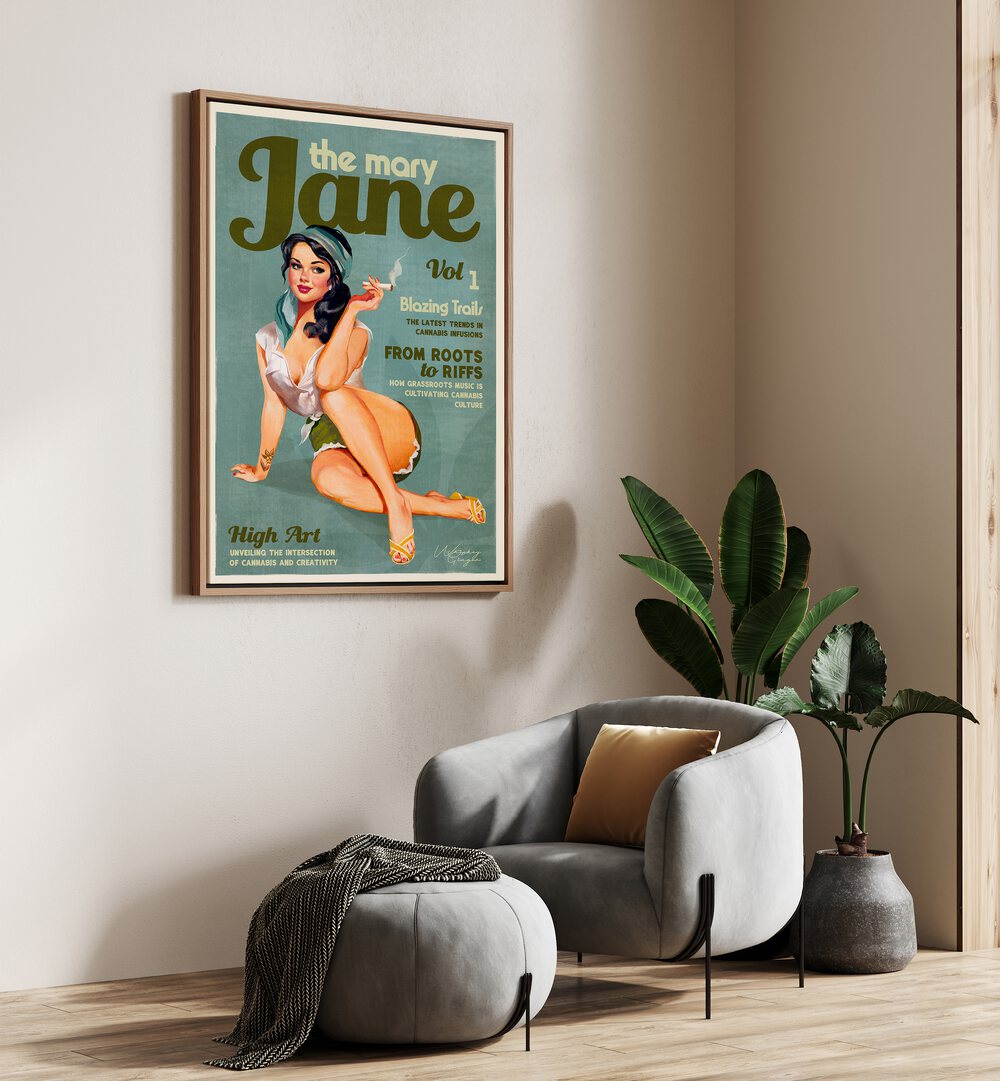 Stylish MARY JANE RETRO, PORTRAITS art piece showcasing vintage pinup cannabis illustrations for a nostalgic charm.