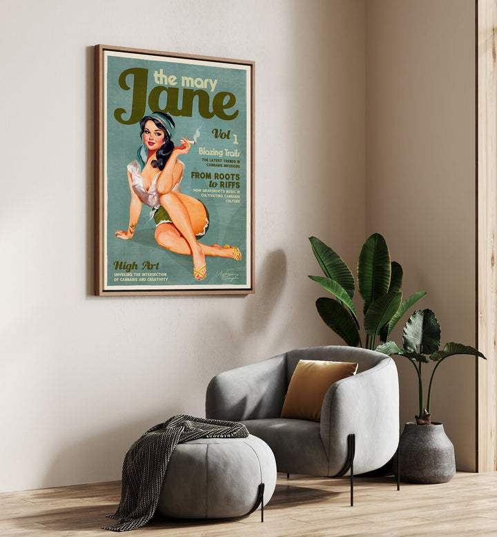 Stylish MARY JANE RETRO, PORTRAITS art piece showcasing vintage pinup cannabis illustrations for a nostalgic charm.