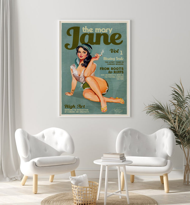 Nostalgic MARY JANE RETRO, PORTRAITS art showcases vibrant pinup illustrations celebrating cannabis culture.