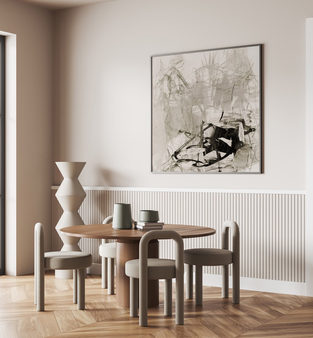Modern dining area featuring MASHED, ABSTRACT PAINTINGS, enhancing elegance with vibrant colors and unique designs.