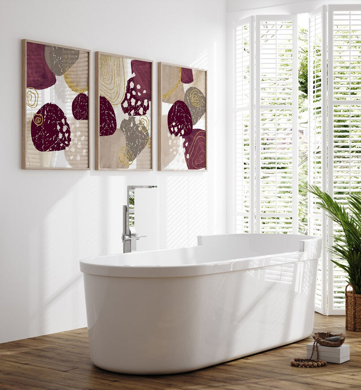 Stylish MAUVE AND TAUPE SET, SET OF 3 PAINTINGS enhancing a modern bathroom with elegance and harmony.