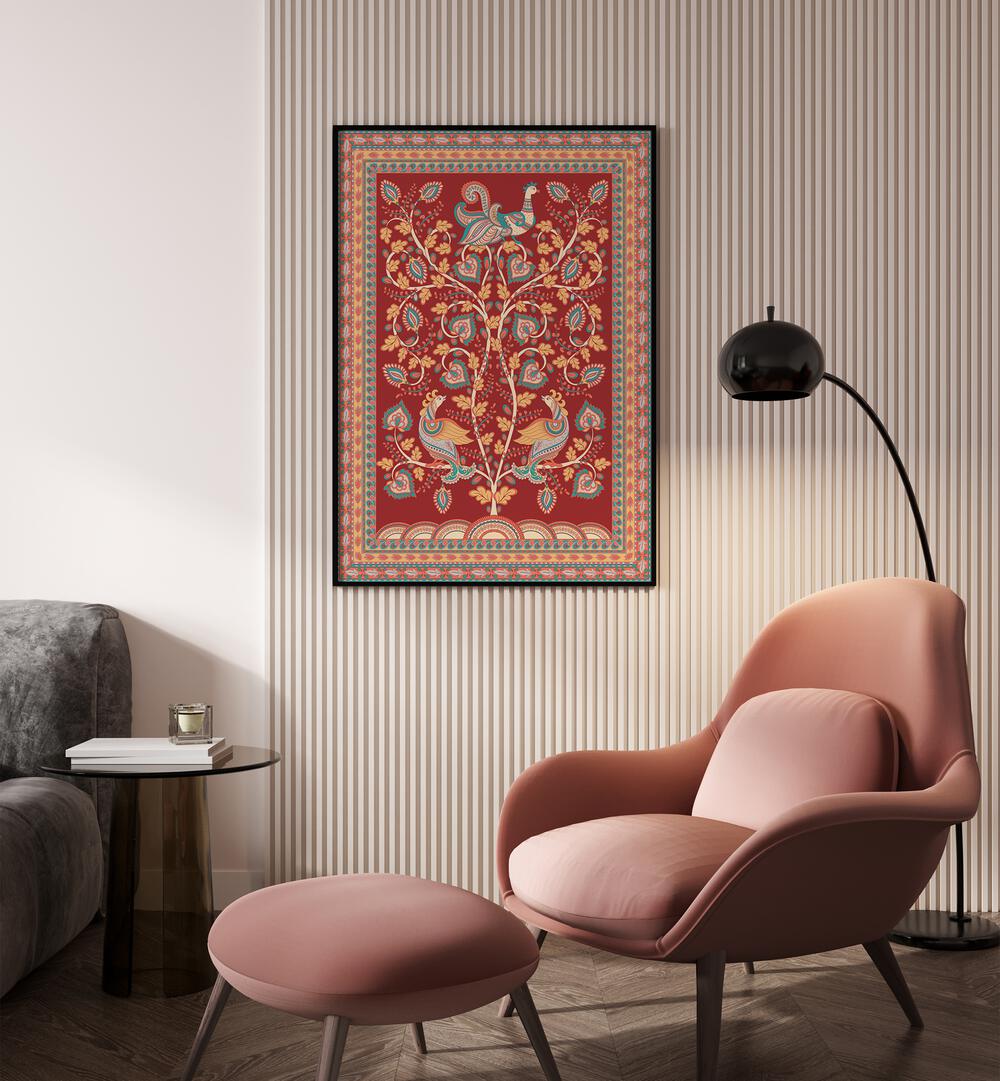 Mayur Manthan Indian Art Painting Artwork in Black Plain Frame Placed on a Beige & Cream Textured Wall next to a Resting Chair in the Drawing Room