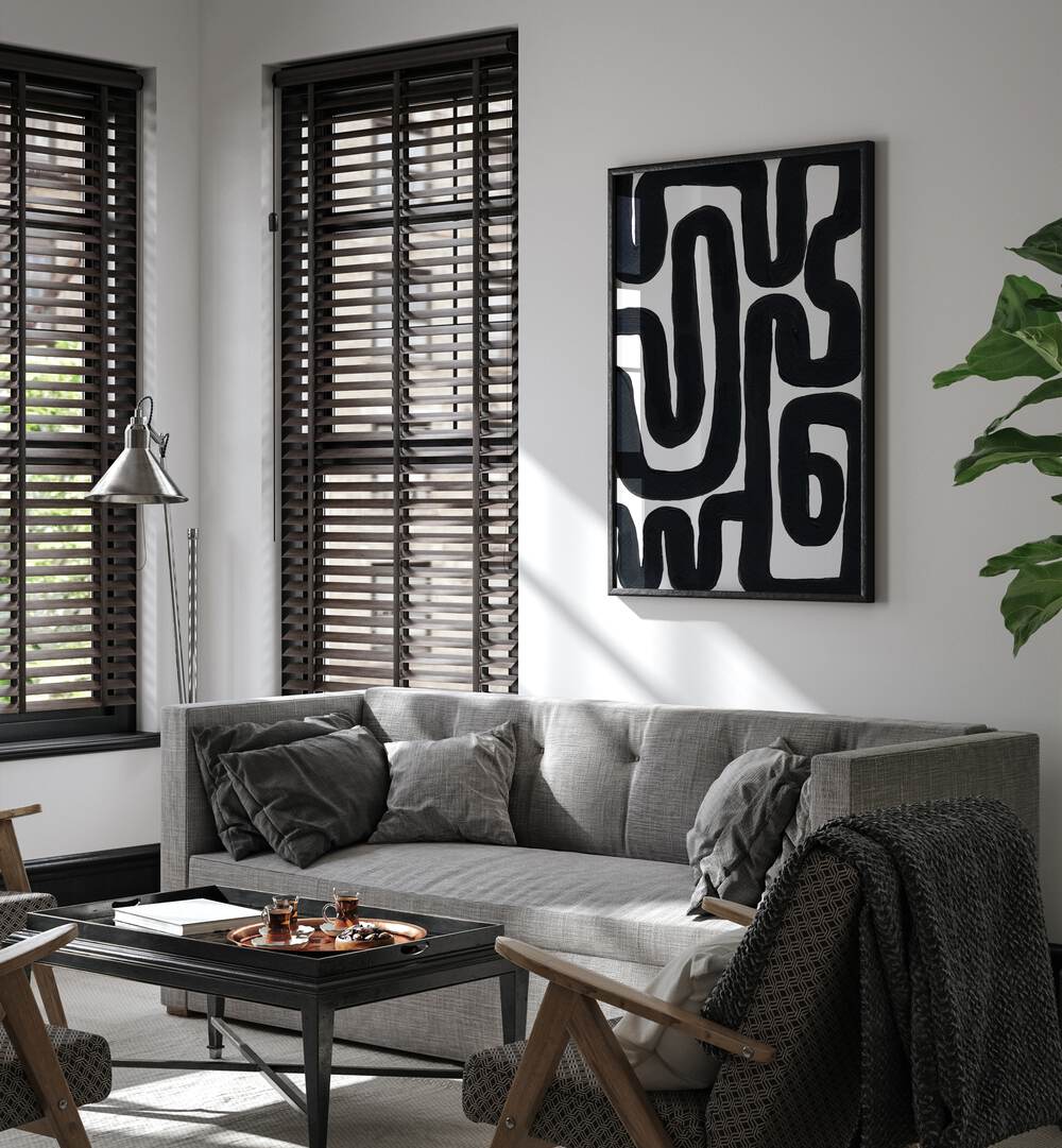 Stylish living room featuring MAZE I, ABSTRACT PAINTINGS, enhancing the space with captivating abstract art.