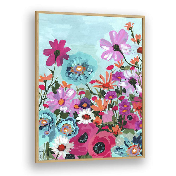 Meadow In June - Pink By Ania Zwara Botanical Flower Paintings Artwork in Oak Wood Plain Frame