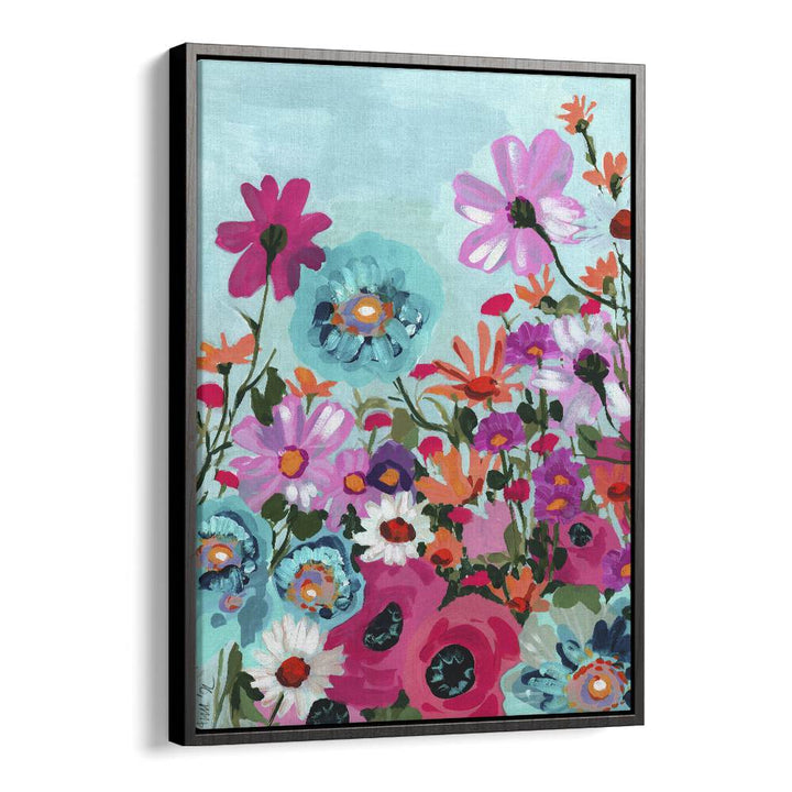 Meadow In June - Pink By Ania Zwara Botanical Flower Paintings Artwork in Black Floater Frame