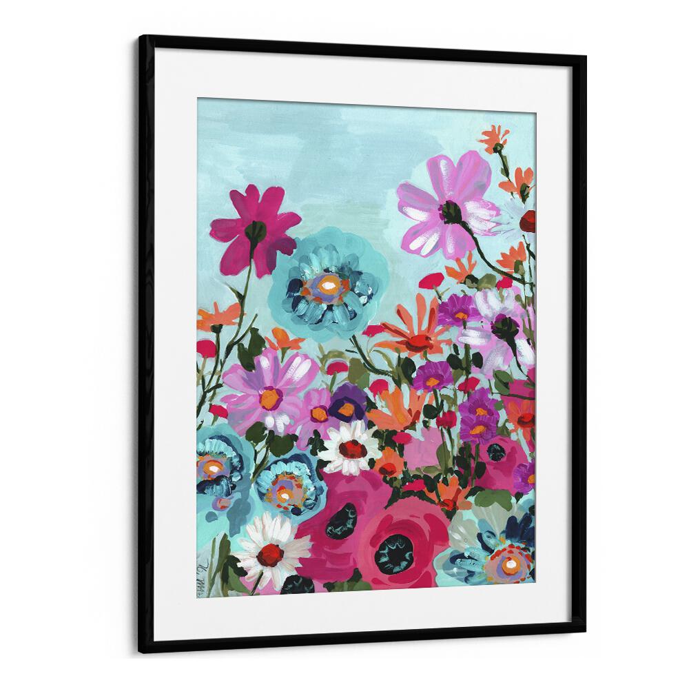 Meadow In June - Pink By Ania Zwara Botanical Flower Paintings Artwork  in Black Frame With Mount