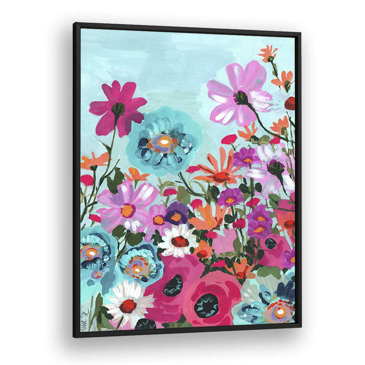 Meadow In June - Pink By Ania Zwara Botanical Flower Paintings Artwork  in Black Plain Frame